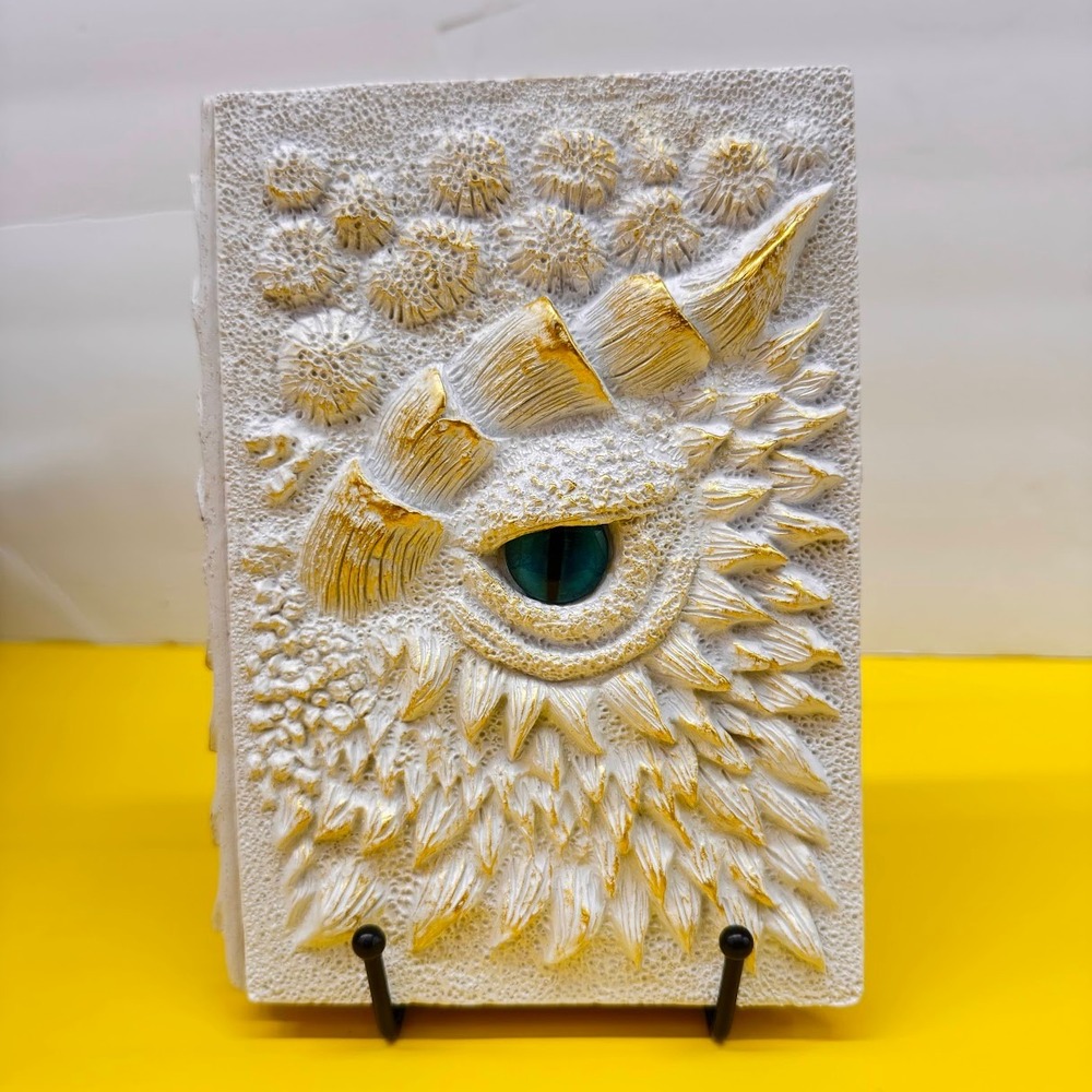 3D Dragon Eye Journal White Gold Fantasy Grimoire Hardcover Notebook Sketchbook